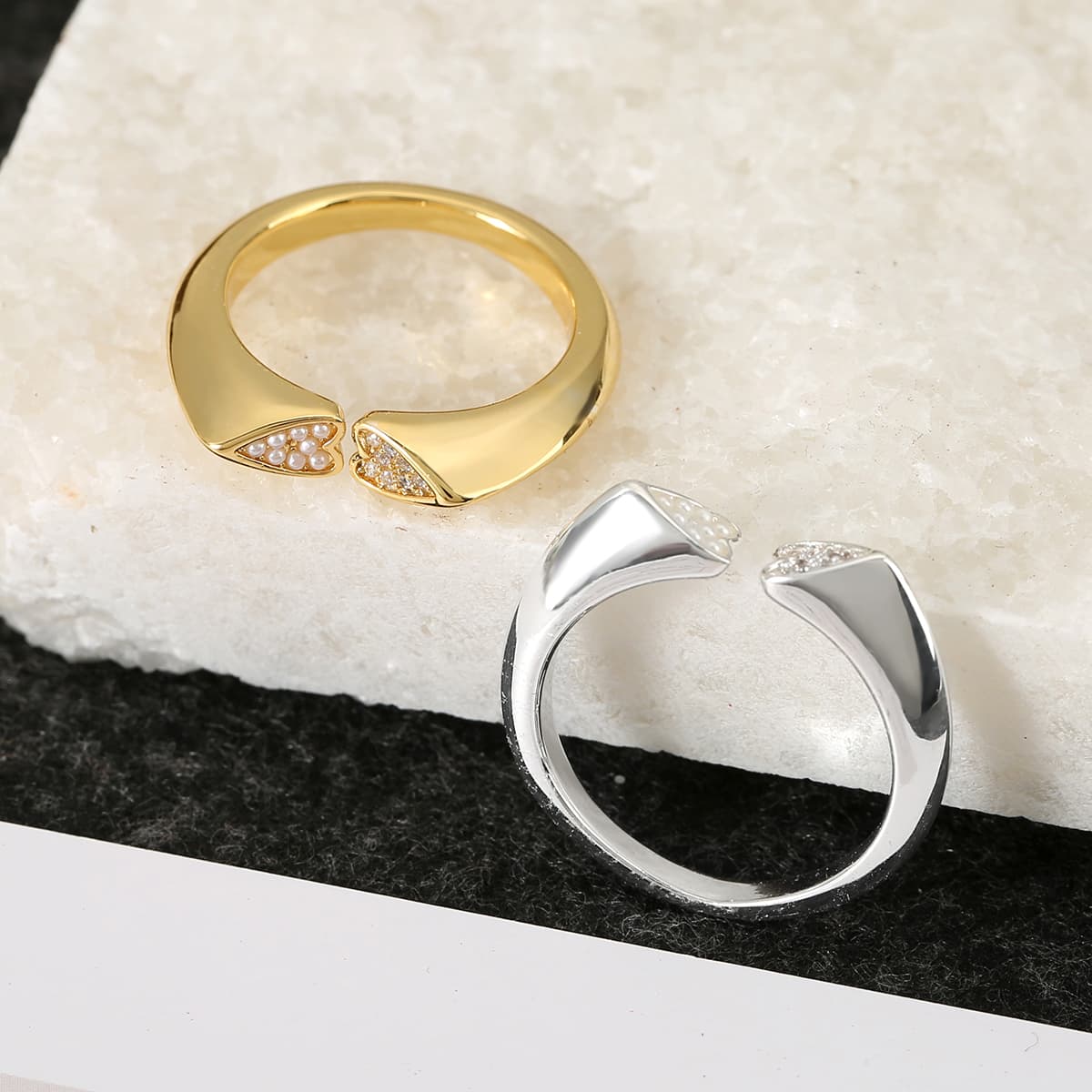 Women's Copper Double Heart Fork Open Zirconia Band Ring